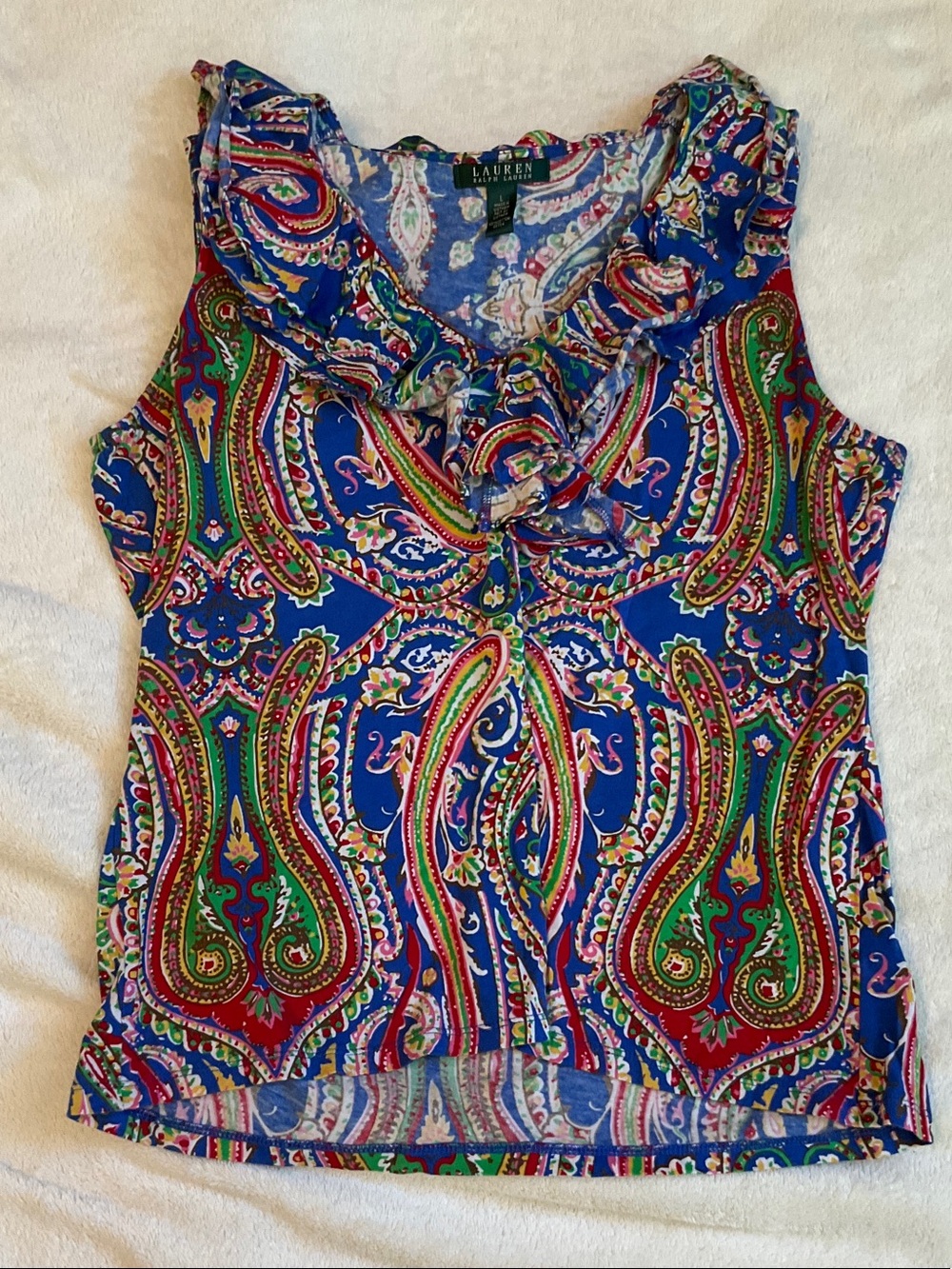 Ralph Lauren Blue Paisley Ruffle Neck Sleeveless Shirt